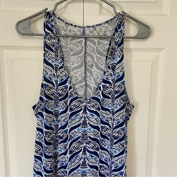 Lilly Pulitzer 100% Pima Cotton Blue Floral Waves Print along Maxi Dress Medium - Picture 3 of 8